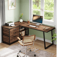 thumbnail image 3 of Fnova 53.15" L-shaped Computer Desk with 3 Drawers, Wood Tabletop, Metal Frame Office Desk, Brown, 3 of 13