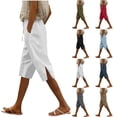 thumbnail image 1 of Sentmoon Womens Linen Shorts with Pockets Solid Color Summer Bermuda Shorts Drawstring Elastic Waist Loose Fit Straight Leg Side Slit Linen Shorts for Women Hawaii for Lounge and Comfort, 1 of 7