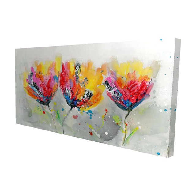 Four colored flowers on gray background - 24"x48" canvas - Print on demand