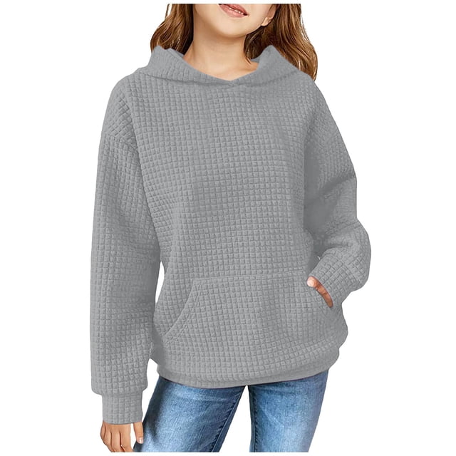 FAOWME Child Solid Color Hooded Silk Checked Tops Coat Grey 4-5 Years