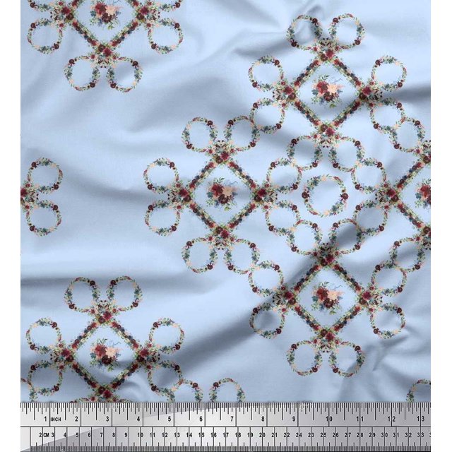 Soimoi Blue Poly Georgette Fabric Floral Wreath Geometric Decor Fabric Printed Yard 52 Inch Wide