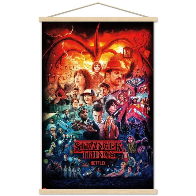 Netflix Stranger Things - Affiche Murale Trois Saisons en une Feuille, 22,375 Po x 34 Po, Présentant un collage vibrant de Personnages Clés et de Scènes Surnaturelles de la Série avec un Grand Monstre Rouge et des Éclairs, Imprimée sur Papier Lustré avec un Cadre en Bois Magnétique, Convient à la Déco Maison Ou aux Fêtes à Thème.