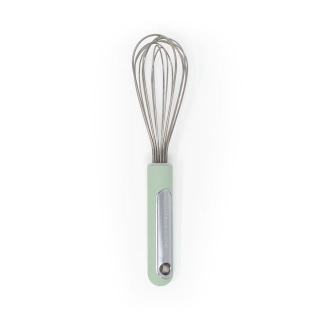 KitchenAid Pistachio Whisk with 12-inch stainless steel wire head and soft pistachio green silicone handle featuring a metal hanging loop, ideal for whipping, blending, and removing lumps in sauces and batters, also suitable for mixing meringue and egg whites.
