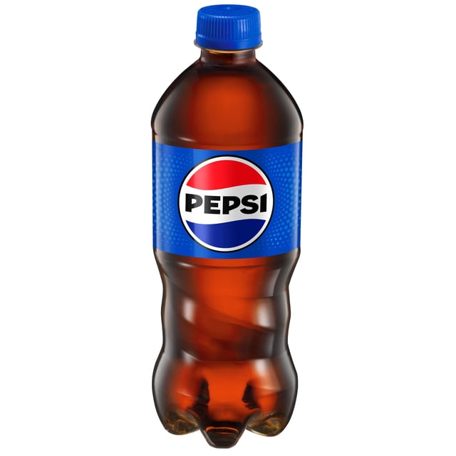 Pepsi Cola 591 mL bottle with a blue label featuring the red, white, and blue Pepsi logo, filled with dark cola and sealed with a blue plastic cap, ideal for individual refreshment and suitable for parties or meals.