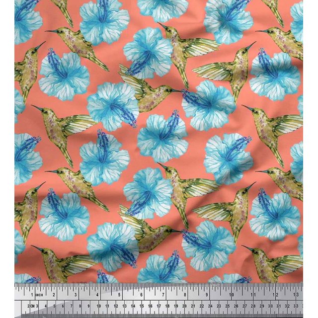Soimoi Poly Georgette Fabric Hummingbird & Floral Print Fabric by Yard 42 Inch Wide