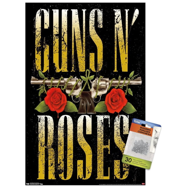 Guns N' Roses - Stacked Logo Wall Poster, 22.375" x 34" featuring distressed yellow text of the band name on black background, two silver revolvers crossed and entwined with green vines and red roses, printed on glossy poster paper with included clear pushpins for easy hanging, suitable for bedroom or office décor.