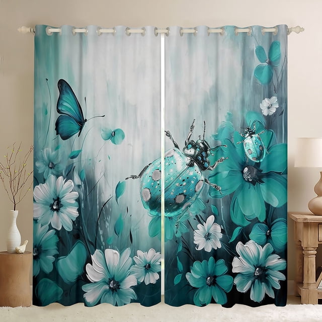 Rideaux Occultants Ladybug Rideaux Marguerites, Turquoise Ombré Peinture à l'Huile Lady Beetle Rideaux Graffiti Beetles Coccinelle Rideaux de Fenêtre