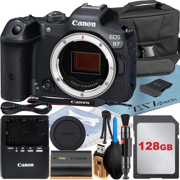 Canon EOS R7 Mirrorless Camera (Body) with 4K 60 Video + 128GB Memory Card + Case + ZeeTech Accessory Bundle