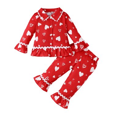 Honganda 0-4Y Toddler Valentine's Day Pajamas Set Heart Print Long Sleeve Tops Long Pants 2 Pieces Lounge Suit Sleepwear