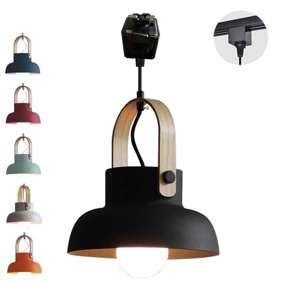 FSLiving Customizable Iron Pendant Light J-Type Track Light Pendants 3.2 ft Cord Macaron Industrial Light Dimmable Wooden Track Mount Pendant Lighting Fixtures Bulb Not Included - 1 Light (Black)