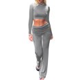 thumbnail image 2 of Honganda Women Spring Outfits Solid Color Long Sleeves Crop Tops Bootcut Pants  2 Pcs Set Streetwear Aesthetic Clothes, 2 of 9