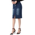thumbnail image 4 of Unique Bargains Jupe en Denim Décontractée pour Femme à Taille Haute avec Fente avant, Extensible, Coupe Trapèze, Bleu Foncé, M, 4 of 5