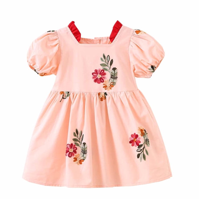 RXIRUCGD 2025 Vêtements d'Été pour Enfants Robe à Manches Courtes Brodée Motif Jupe