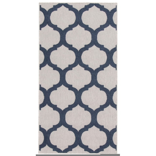 ECARPET Indoor/Outdoor for Balcony, Patio and Garden Cambridge grey and navy outdoor area rug featuring a modern geometric trellis pattern with high-low 3D texture, suitable for patios, balconies, and indoor use, also ideal as a durable, pet-friendly floor covering.