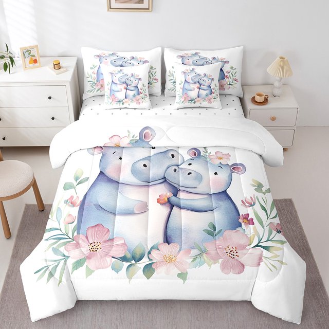 Hippo 7 Piece Comforter Set Full Bed In A Bag,Cartoon Animal Bedding Sets Garden Flower Sheet Set With Comforter,Cute Wildlife Bed Set