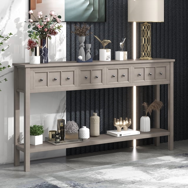 Noble House Table Console d'Entrée Rustique, Table de 60 Pouces avec Deux Tiroirs de Tailles Différentes et Étagère Inférieure pour Rangement, Gris Lavé