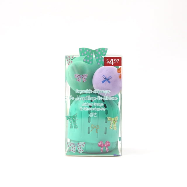 Makeup Sponge 3pcs and 1pcs Silicone Holder set in green and purple, including three soft beauty blender sponges and a green silicone case with ventilation slots for travel, packaged in a clear box with decorative bow patterns and a $4.97 price tag, suitable for blending foundation and concealer.