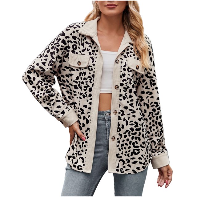 PEZHADA Womens Shacket Jacket New Leopard Print Button Long Sleeve Jacket Shirt Coat with Pocket Beige