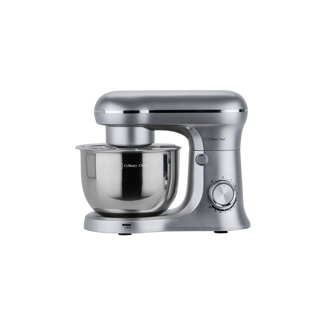 Culinary Chef 4.5-litre 8-Speed Retro Stand Mixer in silver with a 4.5-litre stainless steel bowl, featuring planetary rotation for thorough mixing, a rotary speed control dial with 8 speeds plus pulse, and anti-slip feet for stability on a white background.