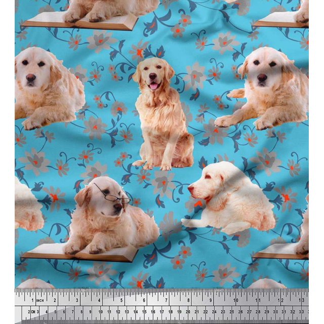 Soimoi Poly Georgette Fabric Floral,Book & Golden Retriever Dog Decor Fabric Printed Yard 42 Inch Wide