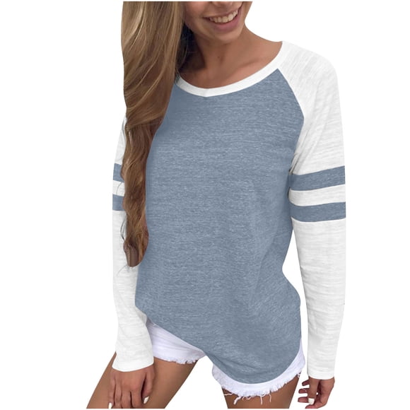 SROBPTY Womens Long Sleeve Shirts, Women's Casual Three-Color Striped Long Sleeve T-Shirt Round Neck Color Block Top Light Blue, S