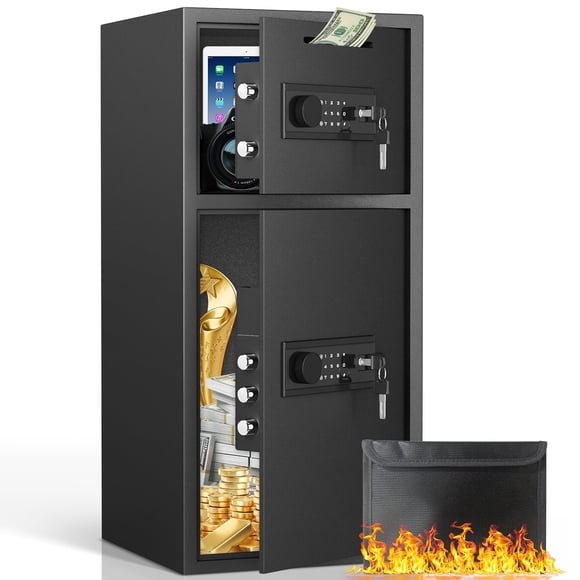 Kavey 6.0 Cub Extra Large Safe Box, Home Safe with Fireproof Waterproof Bag & Drop Slot, Money Safe with Backlit Touch Keypad, Drop Safe Box with Double Door for Business Home