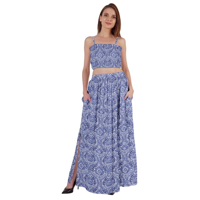 Bimba 2 Pcs Robe de Plage Aguichant pour Femmes Imprimée Smockée Crop Top & Longue Jupe Ensemble