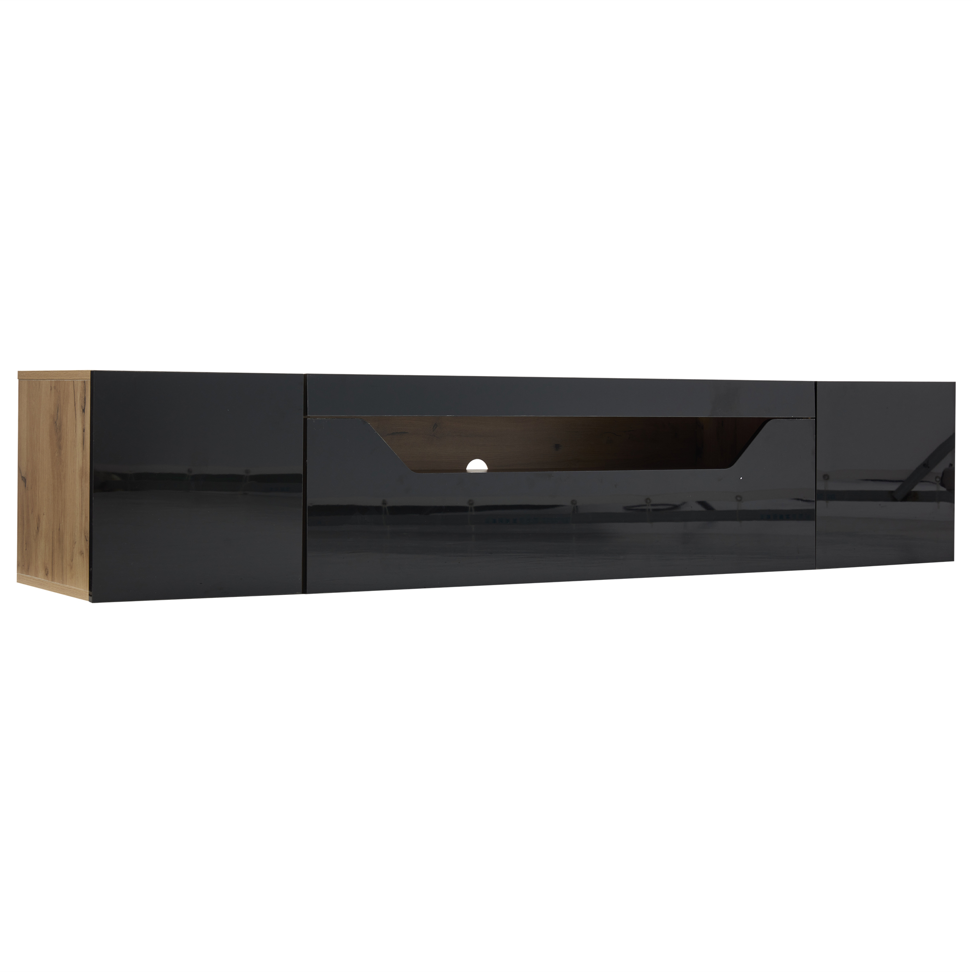 Homy Casa 64.9" Wall-Mounted TV Stand with LED Lights and 3 Storage Compartments, Black and Natural