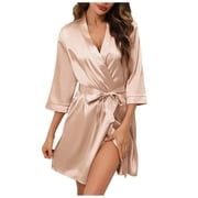 Lixiuxyad Women's Bride Bridesmaids Robe Short Satin Kimono Robes For Wedding & Bridal Party Silk Bathrobes For Women Beige