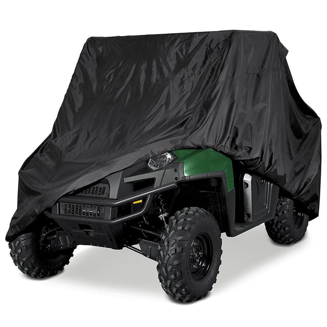 Deluxe Black UTV Cover fits up to 120 inches in length with roll cage, made of 190T polyester material. This water and sunray resistant ATV cover protects against dirt, pollutants, tree sap, and weather elements. Elastic hem ensures a snug fit, compatible with Polaris, Yamaha, Kawasaki, and other side-by-side UTVs. Includes a storage bag for convenient storage.