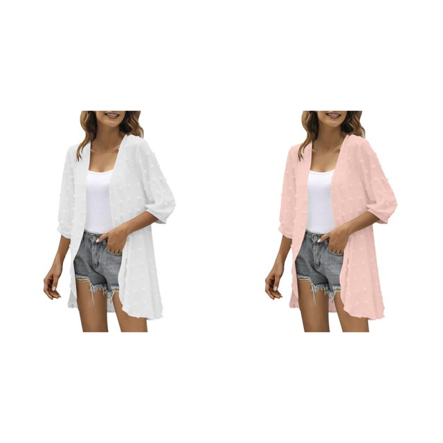 2 Pack(Pink 1PCS & White 1PCS) Multipack Women Casual Cardigan Three Quarter Sleeve Open Front Lightweight Dots Cardigan Draped Ruffles Cardigan