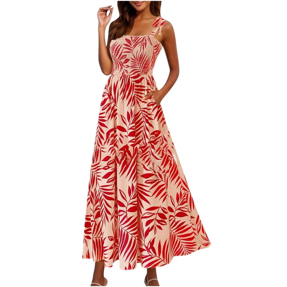 Holiday Saving! HVOBTTY Women's Sleeveless Party Dress, Women's Casual Fashion Holiday Print Sleeveless Dress Red, M