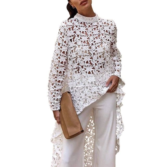 PRETTYGARDEN Haut Décontracté pour Femme à Manches Longues, Col Rond, Asymétrique Haut-Bas, Ourlet Irrégulier, Blouse Chemise Robe (Blanc, Très Grand)