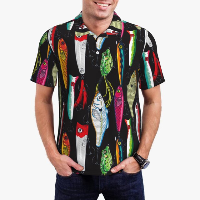Lsque Colorful Fishing Lures Pattern Golf Shirts for Men Dry Fit Print Moisture Wicking Performance Short Sleeve Polo Shirt-3X-Large