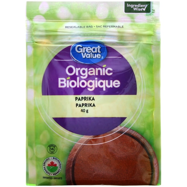 Great Value Paprika Biologique 40 g Sac Refermable avec Emballage Vert et Violet, Texte Bilingue Anglais et Français, Symboles d'Ingrédients Audacieux et Casher, Montrant la Poudre de Paprika dans un Bol en Bois, Convient pour Assaisonner les Viandes, les Légumes et les sauces.
