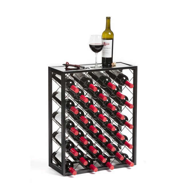 Mango Steam 32 Bottle Wine Rack with Black Glass Top Shelf, Free Standing for Home, Kitchen and Bar