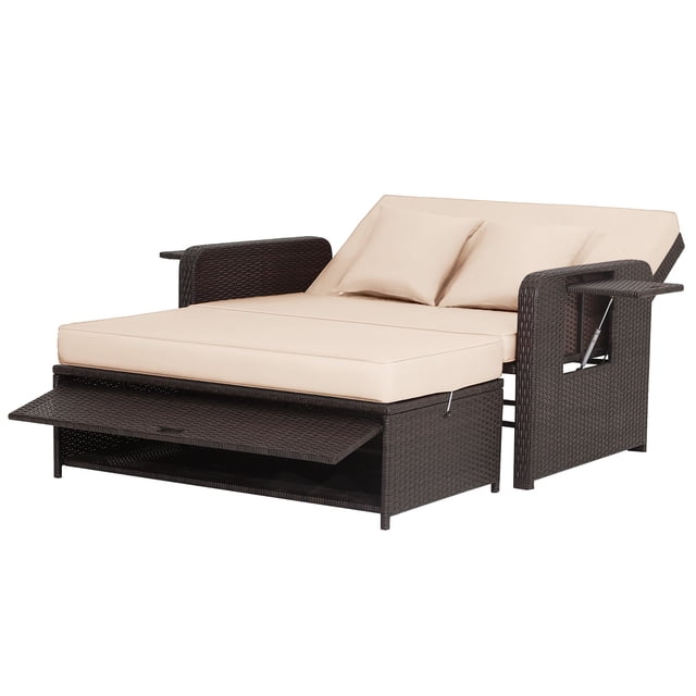 Gymax Daybed Lounge en Rotin avec Auvent Supérieur Rétractable, tables d'Appoint et Coussins Beiges. Conçu pour la Détente en Plein Air, Il Présente un Cadre en Rotin PE Brun Mélangé, un Dossier Réglable et un ottoman Polyvalent avec Plateaux Rétractables pour Boissons et Collations. Convient comme option de patio Daybed Ou comme Siège compact. Comprend des Coussins et des Oreillers avec Housses Amovibles.