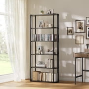 6 Tier Modern Bookshelf, 71 Inch Tall Narrow Wooden Bookcase with Iron Frames, Compact Open Display Shelving Unit for Living Rooms Bedroom, Apartments, White、balck