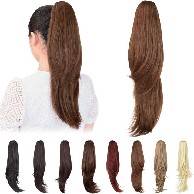 ORUYROP Rallonge de Queue de Cheval Brune, Rallonges de Cheveux de Queue de Cheval à Pince de 20 Pouces Queue de Cheval Cheveux Bouclés à Griffes Extension de Cheveux Pièce de Cheveux Synthétique d'Apparence Naturelle pour Femmes Brun Doré Clair