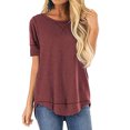 thumbnail image 4 of Women T-shirt Solid Color Stitching Top Asymmetrical Hem Blouse, Solid Color Stitching Top Purple Red, S, 4 of 7