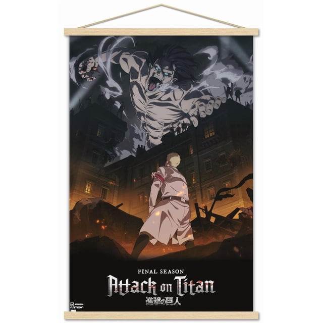Attack on Titan : Saison 4 - Affiche Murale Key Visual 1 Représentant un Grand Titan Musclé aux Yeux Bleus Lumineux et à la Vapeur Qui Monte, Se Jetant dans l'Obscurité, Bâtiments Endommagés la Nuit. un Personnage en Uniforme Blanc avec un Brassard Rouge Se Tient Face au Titan au Milieu de Débris Ardents. Cette Impression d'Art Mural Brillante Convient à la Déco de Pièce dans les Chambres, Bureaux Ou Dortoirs et Comprend le Texte « Attaque de la Saison Finale sur Titan » au
