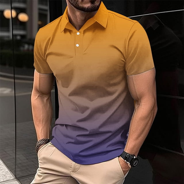 EOYWHK Button Up Shirts Men Business Casual Golf Shirts Gradient Color Muscle Shirts Short Sleeve Collar Work Blouse