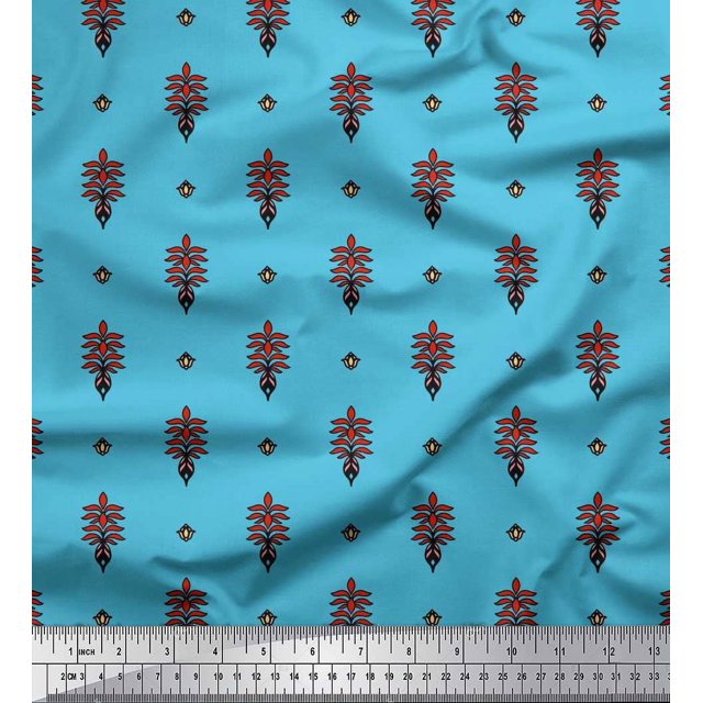 Soimoi Poly Georgette Fabric Leaves & Floral Block Print Fabric by Yard 42 Inch Wide