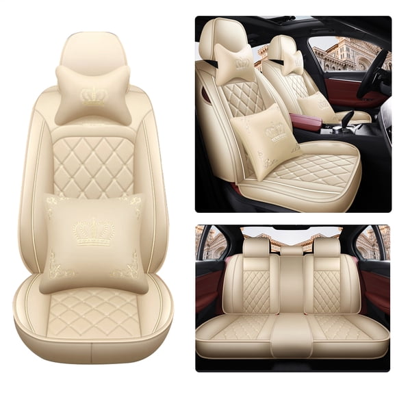 Tuqiang Car Seat Covers for Honda for Civic 2005-2011 5 Seats Leather Waterproof Front Rear Cushion Protector Full Set with Pillows Beige