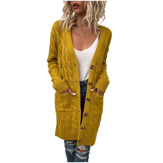 FAIWAD Cardigan Long en Tricot Torsadé pour Femmes Manches Longues Ouvert devant avec Poches