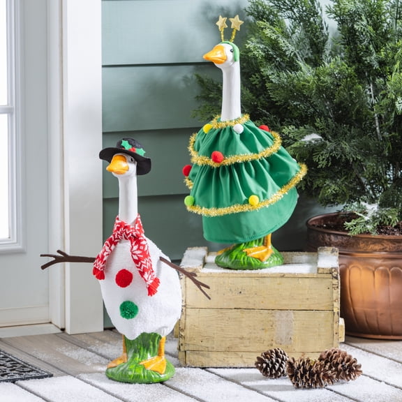 Mainstays Ensemble de 2 tenues pour oie de porche, décorations sapin de Noël et bonhomme de neige, convient aux oies de 50 cm.