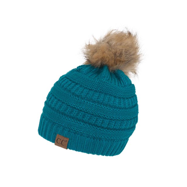 Gravity Threads Cable Knit Faux Fur Pom Pom Beanie Hat, Teal