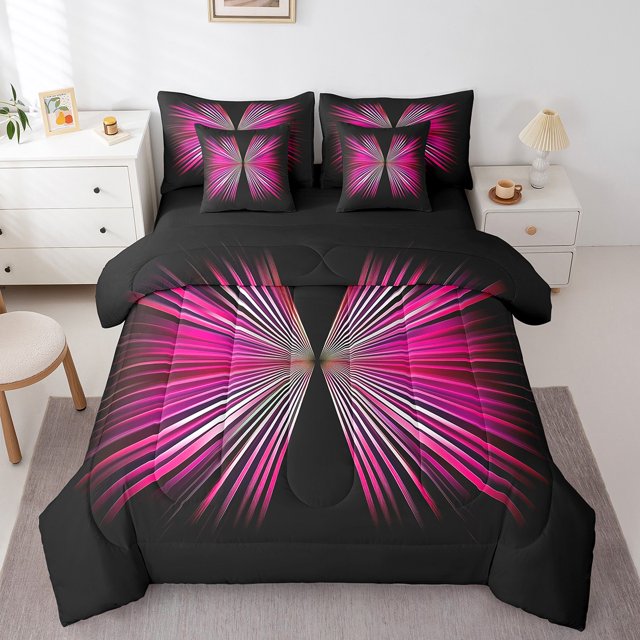 Erosebridal Abstract Butterfly Bedding Queen Size, Geometry Lines Bedding Accessories, Hot Pink, Reversible 7pcs