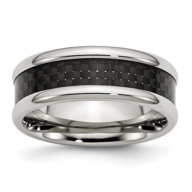 Acier Inoxydable Poli avec Incrustation de Fibre de Carbone Noir 8mm Bague 10 Taille