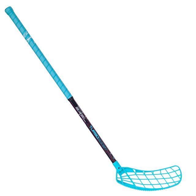 EXEL Turboboost Series Floorball Stick with a turquoise composite shaft featuring heat-sensitive color-changing technology, designed for beginners in team sports. Includes a pre-curved AIR SB blade with 8mm concavity for dribbling and shooting. The round shaft has a uni grip and 3.4 flex for control, making it ideal for street hockey and floorball games.